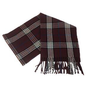 Eddie Bauer Plaid Scarf Maroon Black Cream Fringe 64” long x 11.5" wide